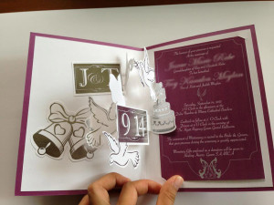 Silver Foiled Elegant Pop Up Wedding Invite with pop up doves, cakes, initials